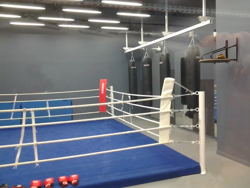 Cette image est une photographie d'une salle de boxe. Elle illustre les équipements de sports de combat comme la lutte, la boxe, le judo ou le karaté que Nathis peut fournir et installer pour les collectivités de Bretagne.